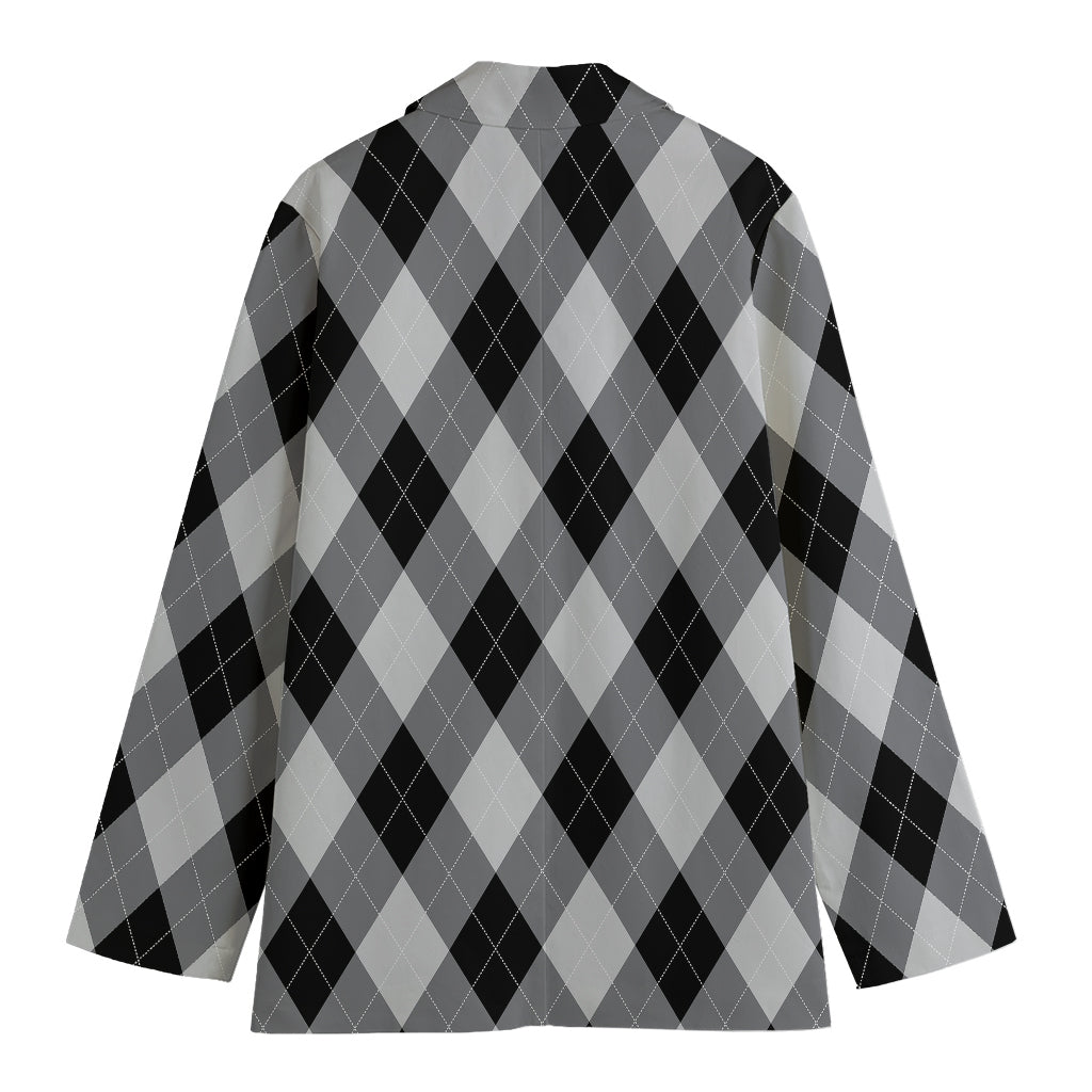 Grey And Black Argyle Pattern Print Women's Blazer