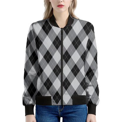 Grey And Black Argyle Pattern Print Women's Bomber Jacket