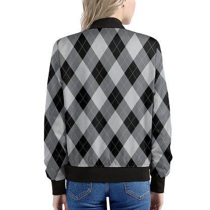 Grey And Black Argyle Pattern Print Women's Bomber Jacket