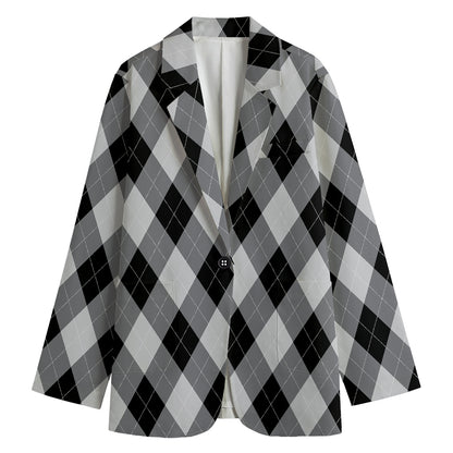 Grey And Black Argyle Pattern Print Women's Cotton Blazer