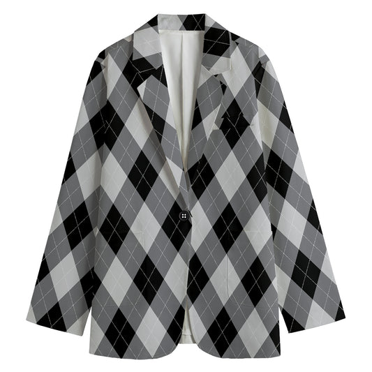 Grey And Black Argyle Pattern Print Women's Cotton Blazer