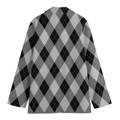 Grey And Black Argyle Pattern Print Women's Cotton Blazer