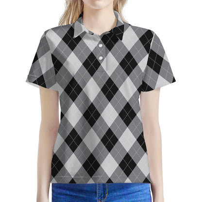 Grey And Black Argyle Pattern Print Women's Polo Shirt