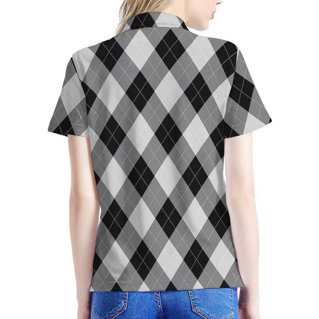 Grey And Black Argyle Pattern Print Women's Polo Shirt