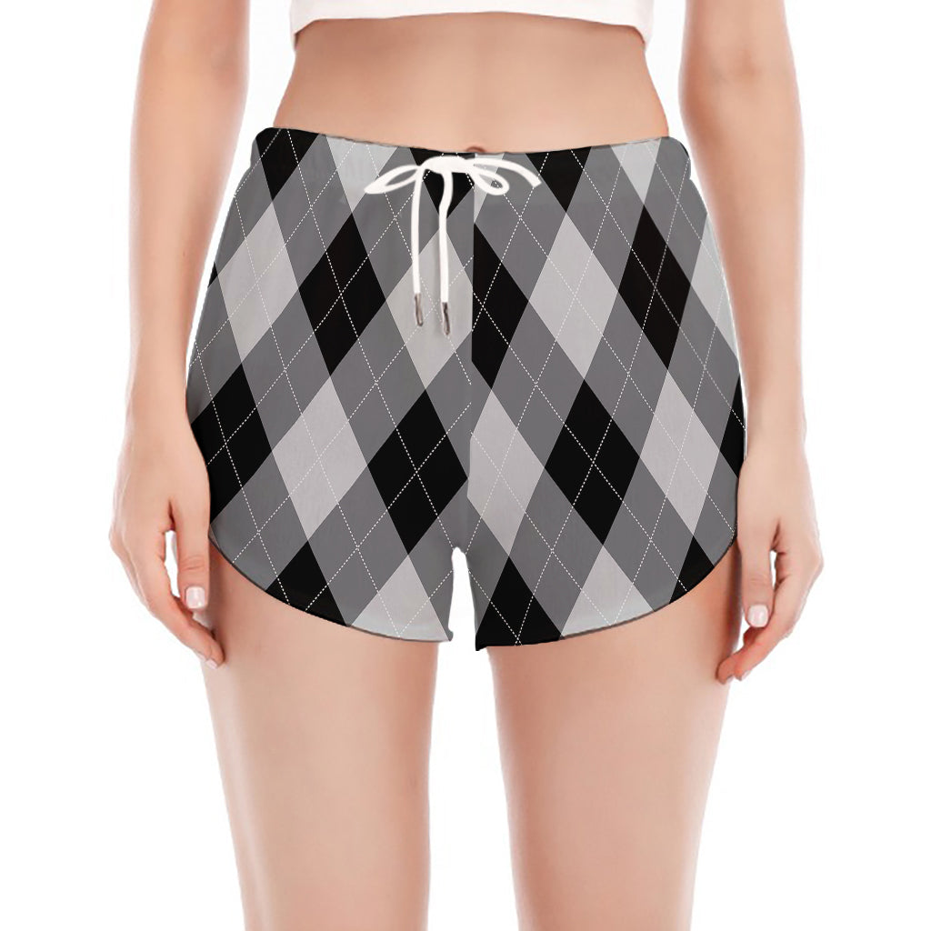 Grey And Black Argyle Pattern Print Women's Split Running Shorts