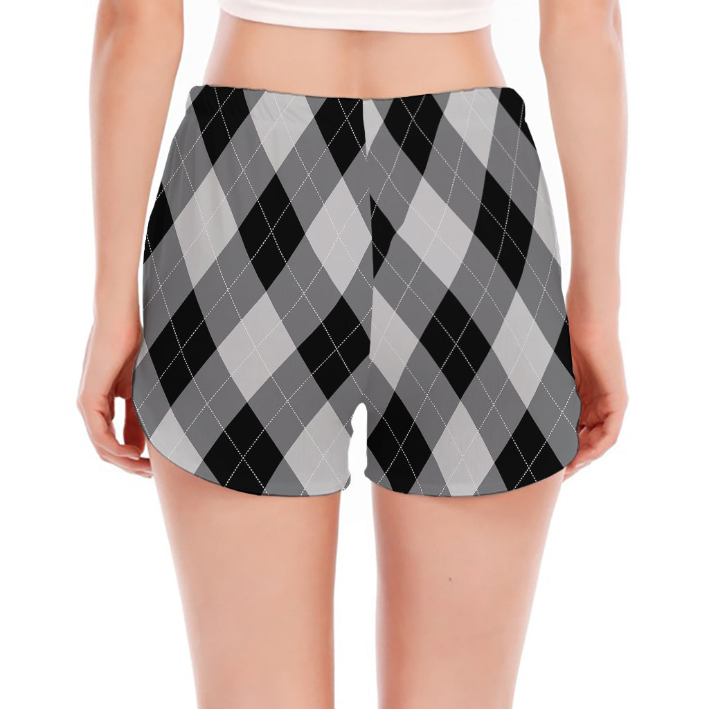 Grey And Black Argyle Pattern Print Women's Split Running Shorts