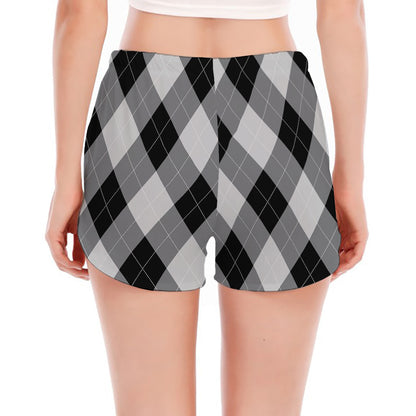 Grey And Black Argyle Pattern Print Women's Split Running Shorts