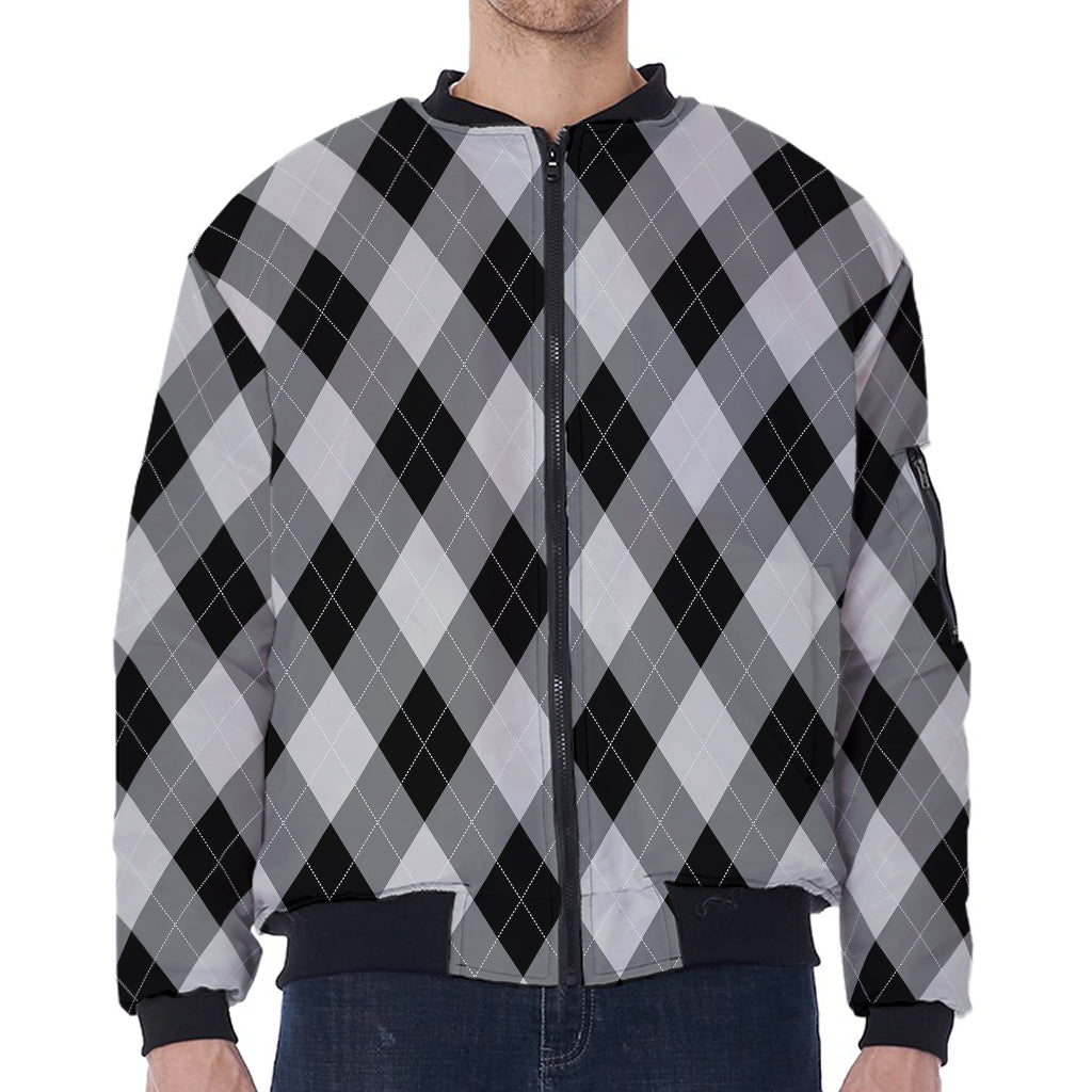 Grey And Black Argyle Pattern Print Zip Sleeve Bomber Jacket