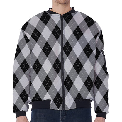 Grey And Black Argyle Pattern Print Zip Sleeve Bomber Jacket
