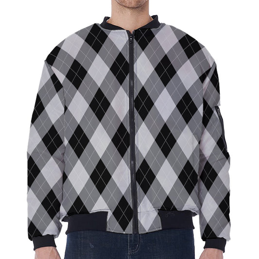 Grey And Black Argyle Pattern Print Zip Sleeve Bomber Jacket