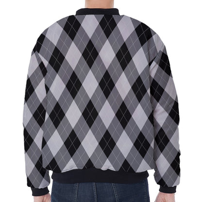 Grey And Black Argyle Pattern Print Zip Sleeve Bomber Jacket