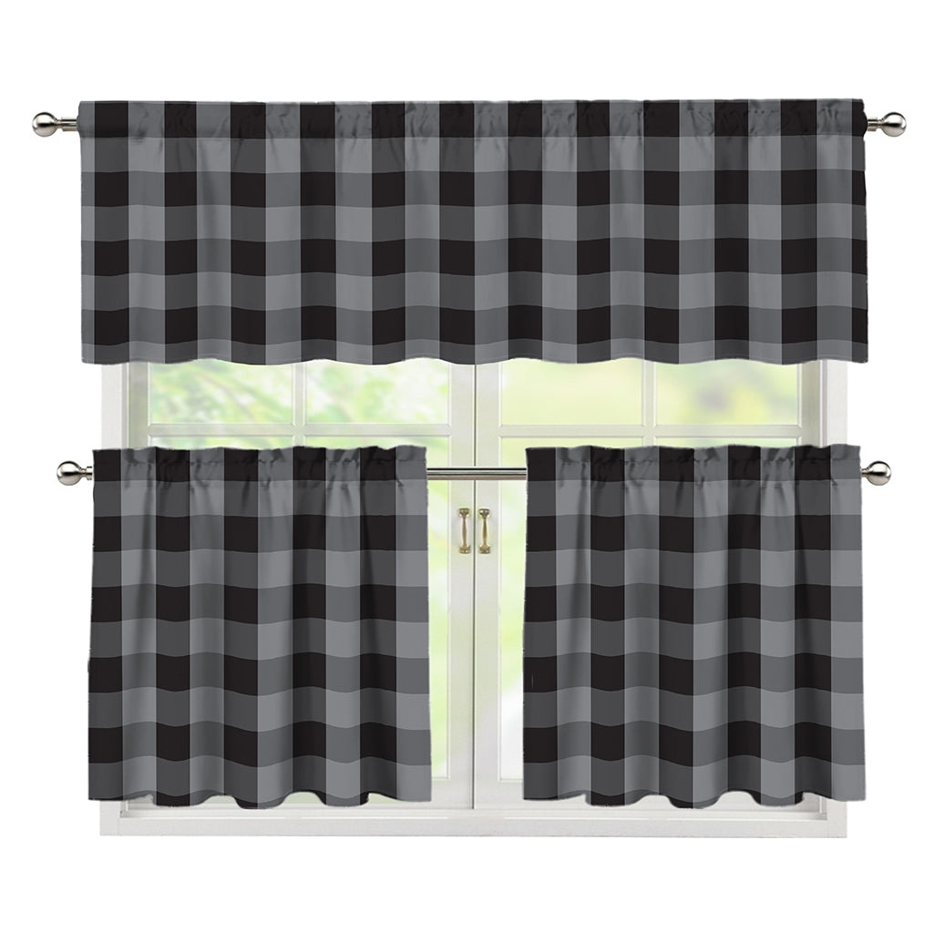 Grey And Black Check Pattern Print 3 Piece Kitchen Curtains