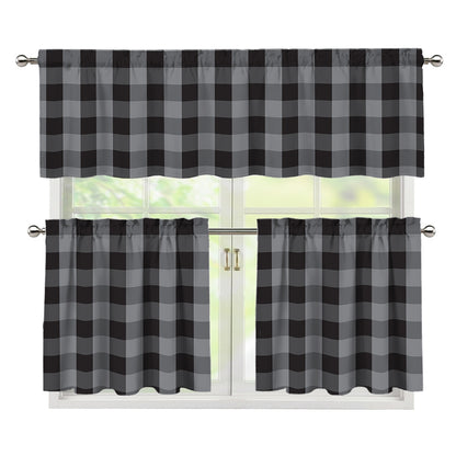 Grey And Black Check Pattern Print 3 Piece Kitchen Curtains