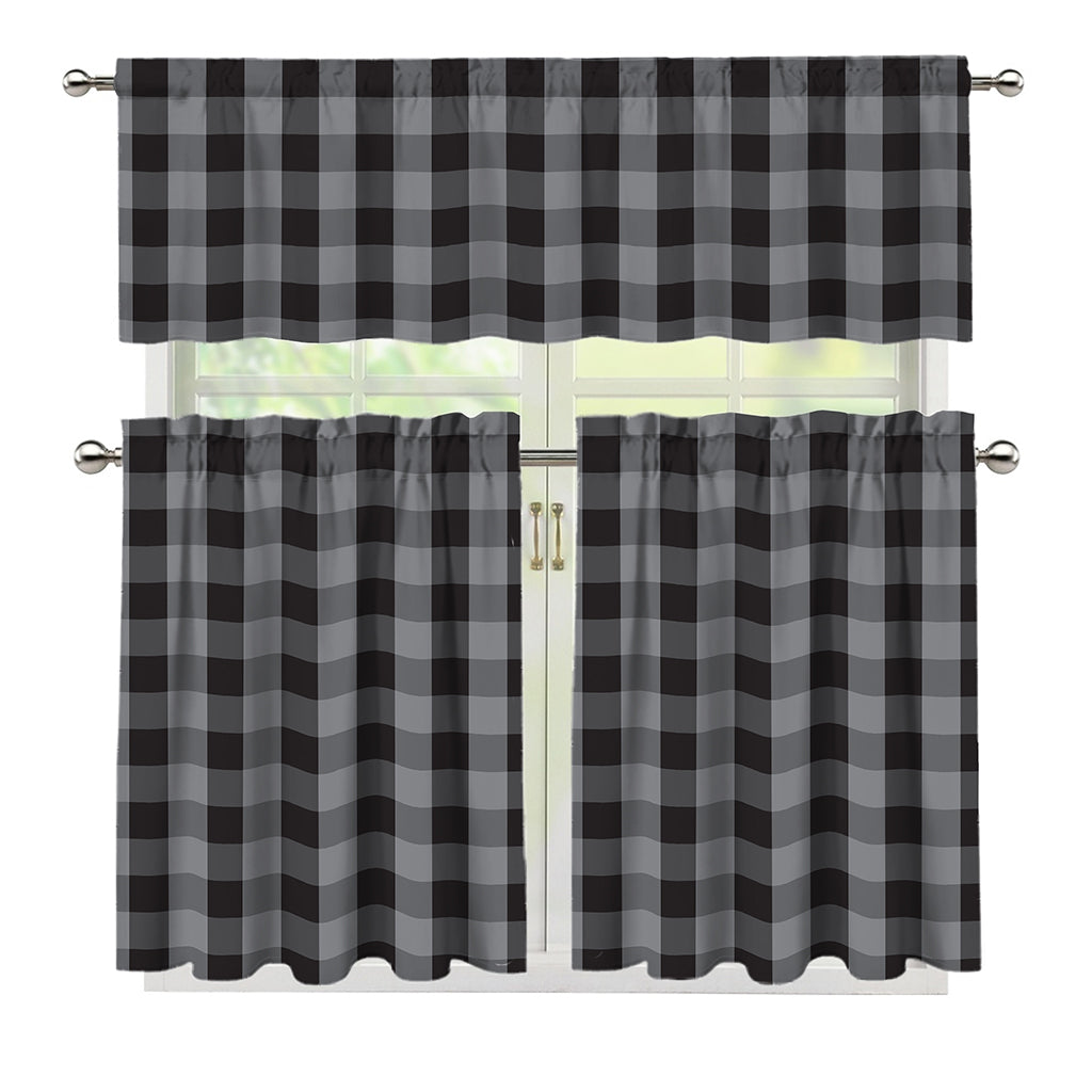 Grey And Black Check Pattern Print 3 Piece Kitchen Curtains