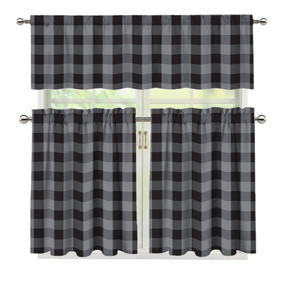 Grey And Black Check Pattern Print 3 Piece Kitchen Curtains