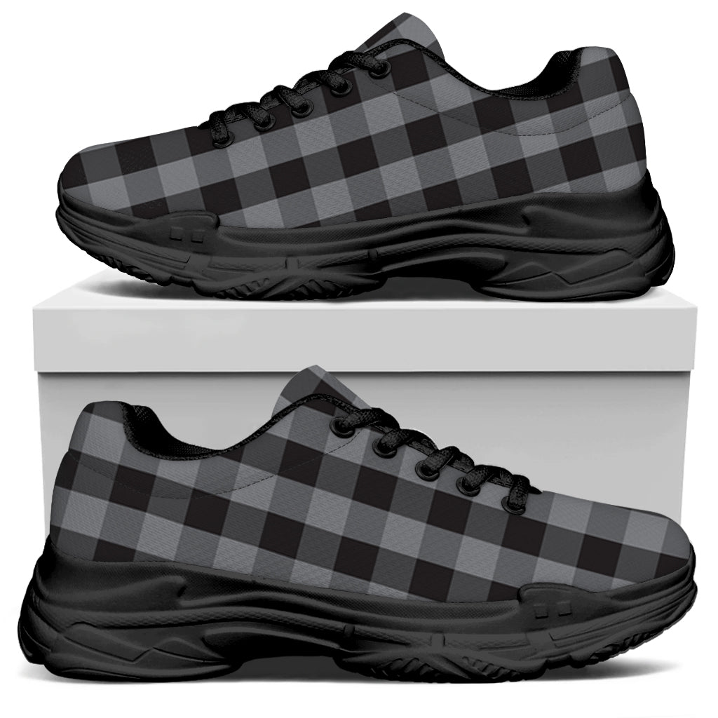 Grey And Black Check Pattern Print Black Chunky Shoes