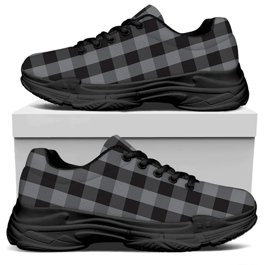 Grey And Black Check Pattern Print Black Chunky Shoes
