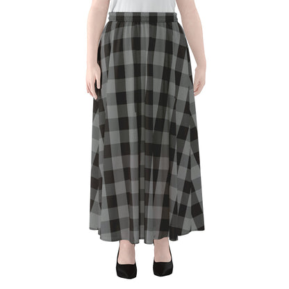 Grey And Black Check Pattern Print Chiffon Maxi Skirt
