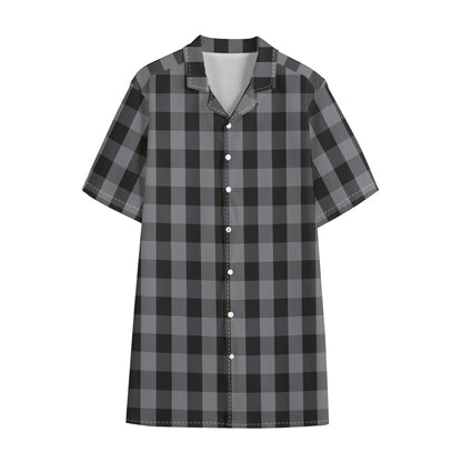 Grey And Black Check Pattern Print Cotton Hawaiian Shirt