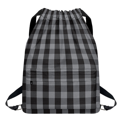 Grey And Black Check Pattern Print Drawstring Backpack