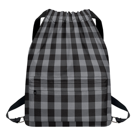 Grey And Black Check Pattern Print Drawstring Backpack