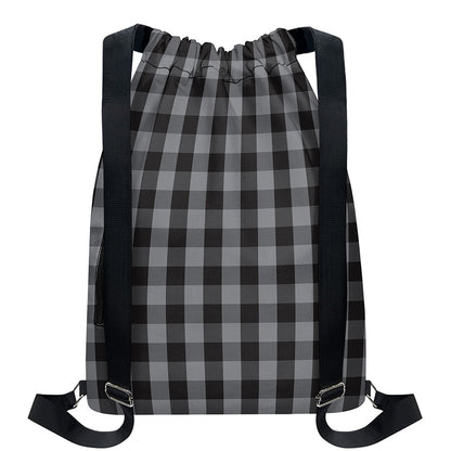 Grey And Black Check Pattern Print Drawstring Backpack