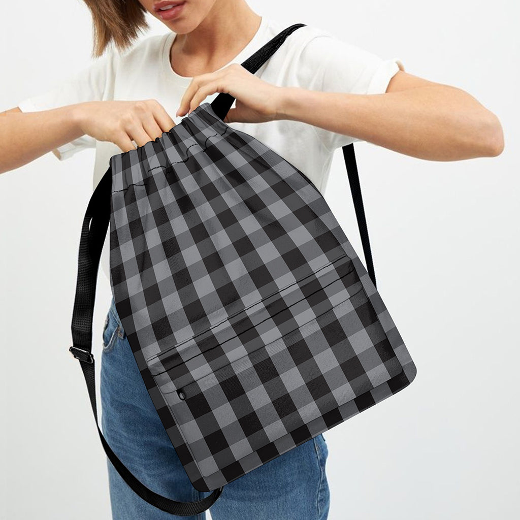 Grey And Black Check Pattern Print Drawstring Backpack