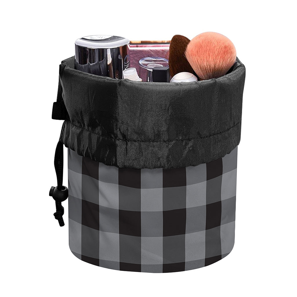 Grey And Black Check Pattern Print Drawstring Makeup Bag