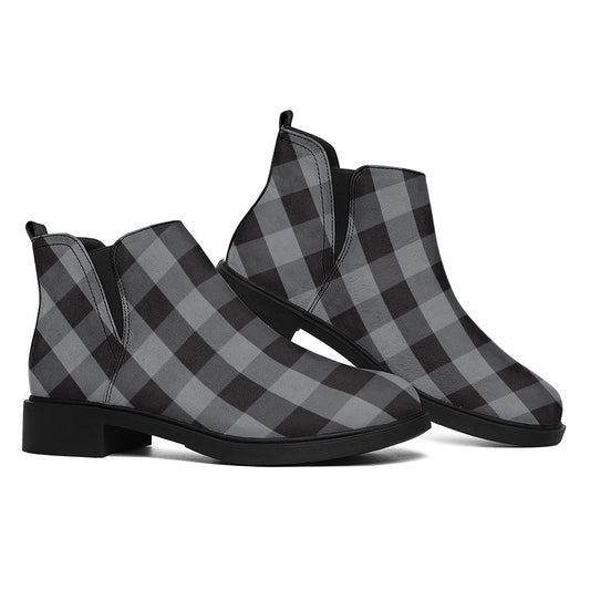 Grey And Black Check Pattern Print Flat Ankle Boots