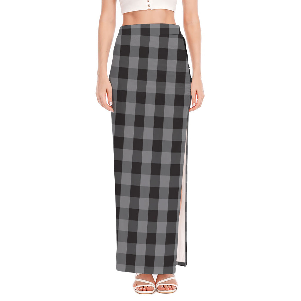 Grey And Black Check Pattern Print High Slit Maxi Skirt