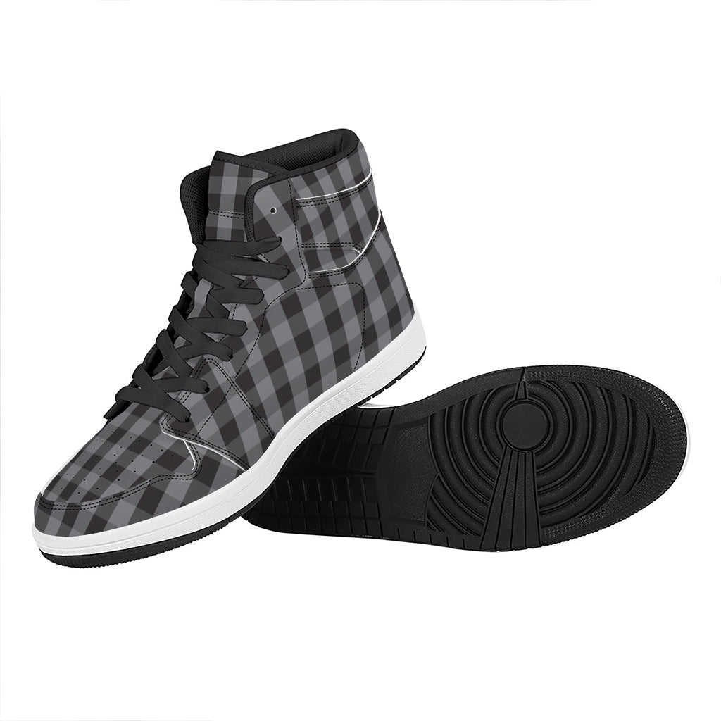 Grey And Black Check Pattern Print High Top Leather Sneakers