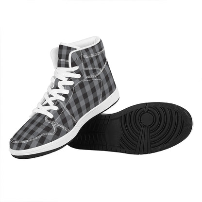 Grey And Black Check Pattern Print High Top Leather Sneakers