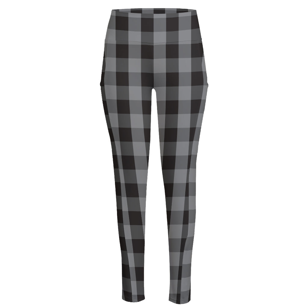 Grey And Black Check Pattern Print High-Waisted Pocket Leggings