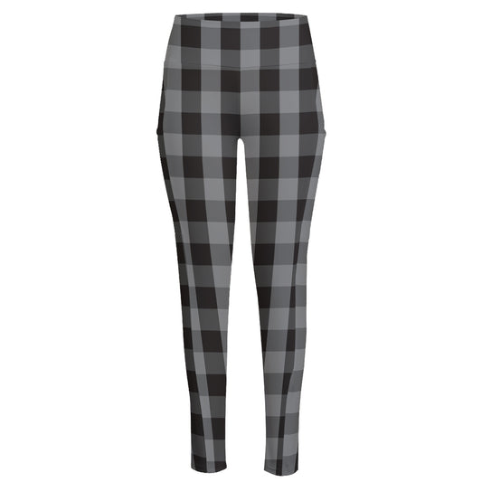 Grey And Black Check Pattern Print High-Waisted Pocket Leggings
