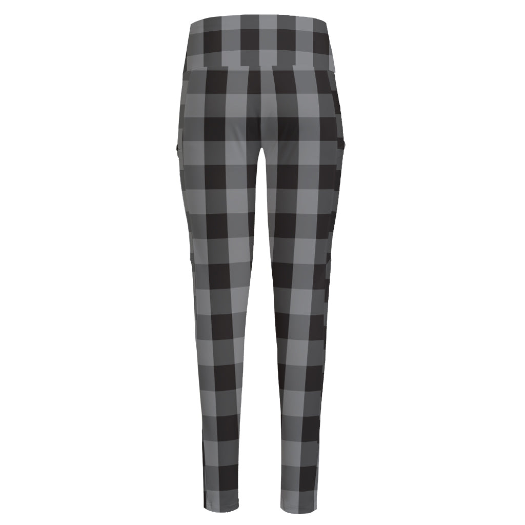 Grey And Black Check Pattern Print High-Waisted Pocket Leggings