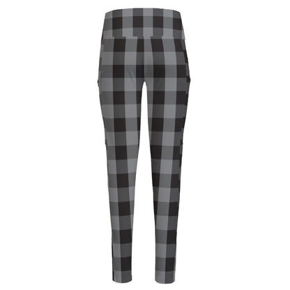 Grey And Black Check Pattern Print High-Waisted Pocket Leggings