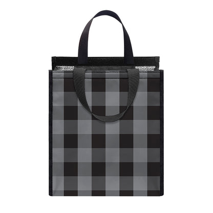 Grey And Black Check Pattern Print Insulated Lunch Tote