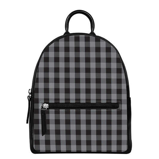 Grey And Black Check Pattern Print Leather Backpack