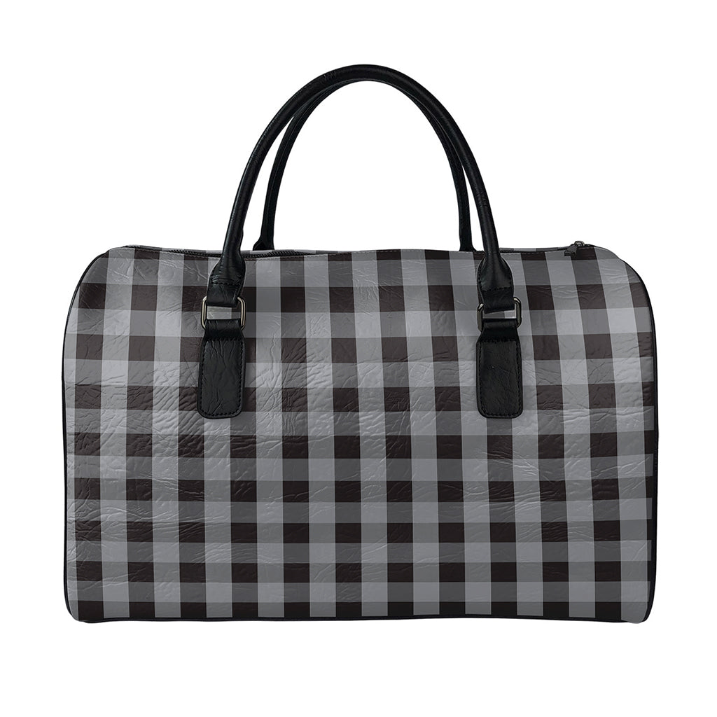 Grey And Black Check Pattern Print Leather Duffle Bag