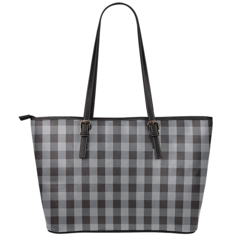 Grey And Black Check Pattern Print Leather Tote Bag