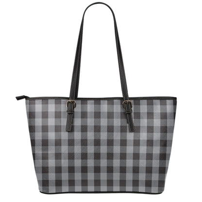 Grey And Black Check Pattern Print Leather Tote Bag