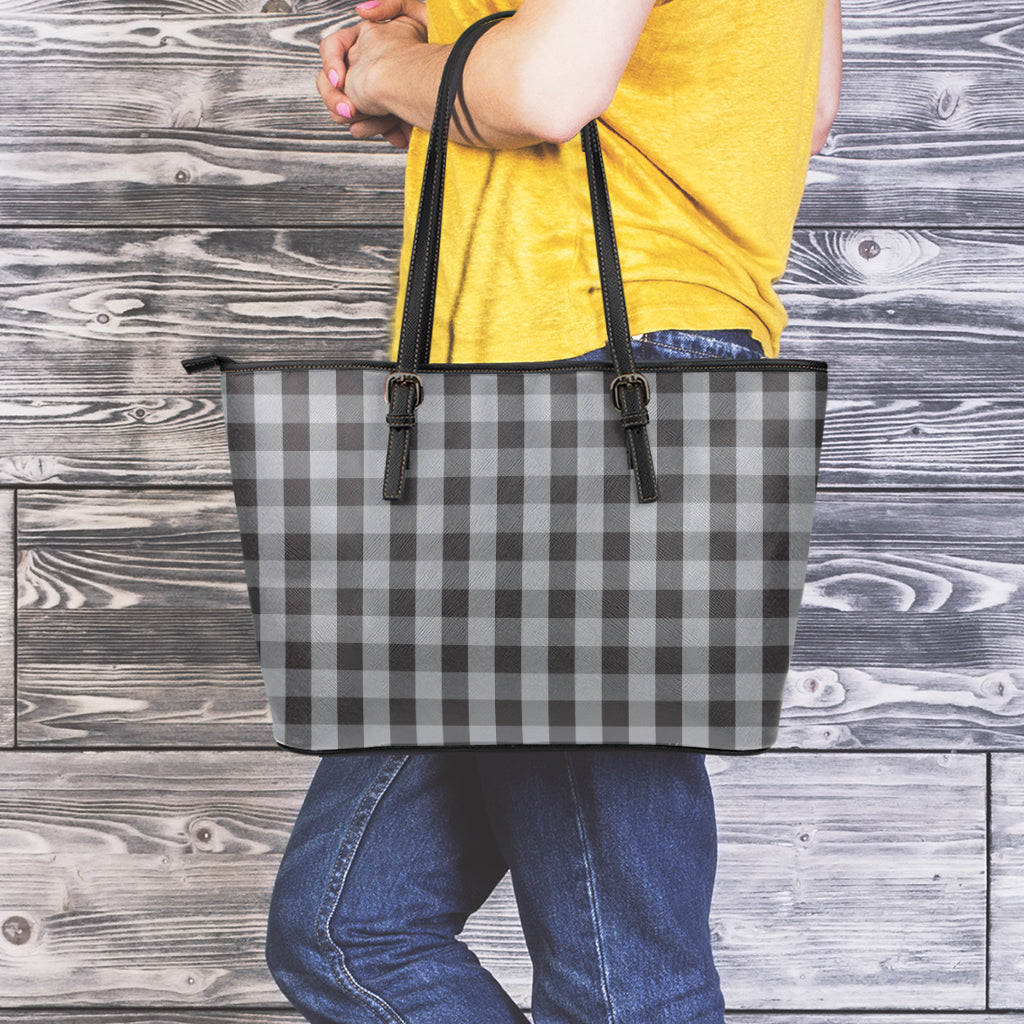 Grey And Black Check Pattern Print Leather Tote Bag