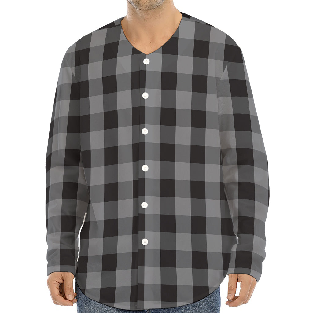 Grey And Black Check Pattern Print Long Sleeve Baseball Jersey