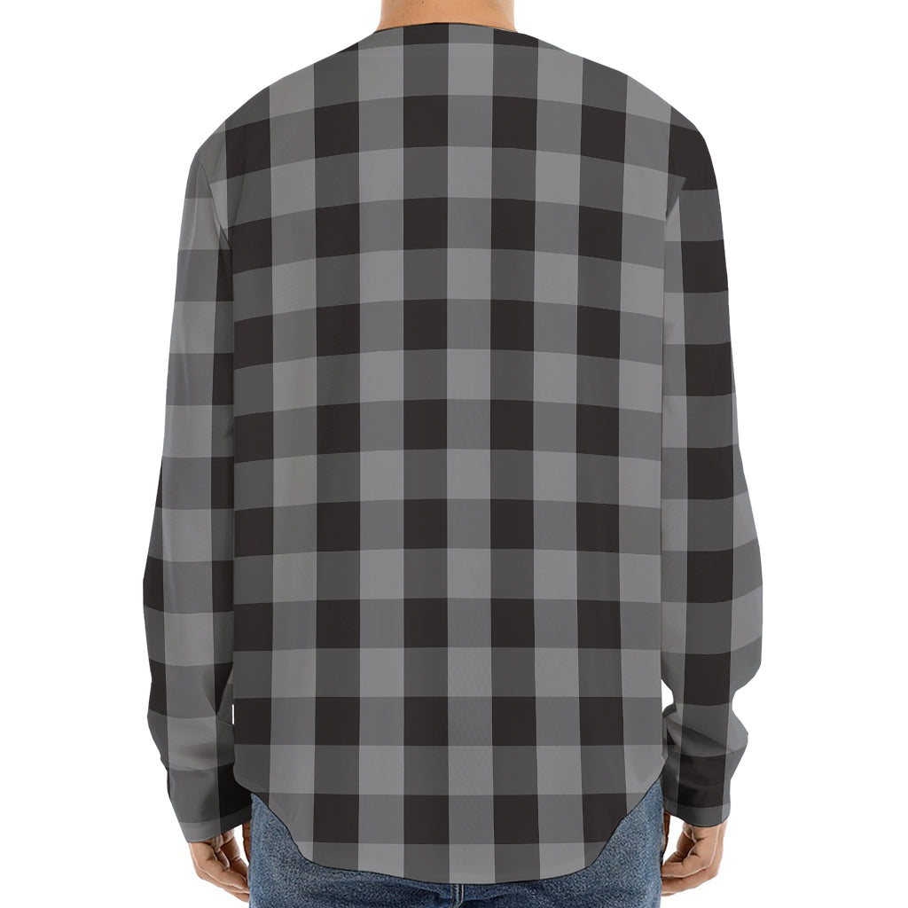 Grey And Black Check Pattern Print Long Sleeve Baseball Jersey