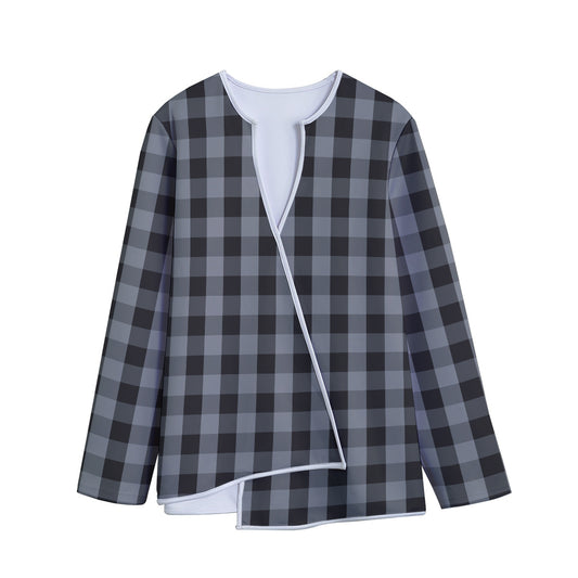 Grey And Black Check Pattern Print Long Sleeve Short Coat