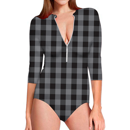 Grey And Black Check Pattern Print Long Sleeve Swimsuit
