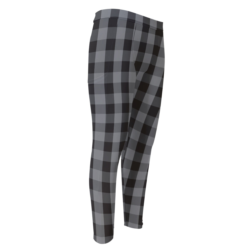 Grey And Black Check Pattern Print Men's Compression Pants