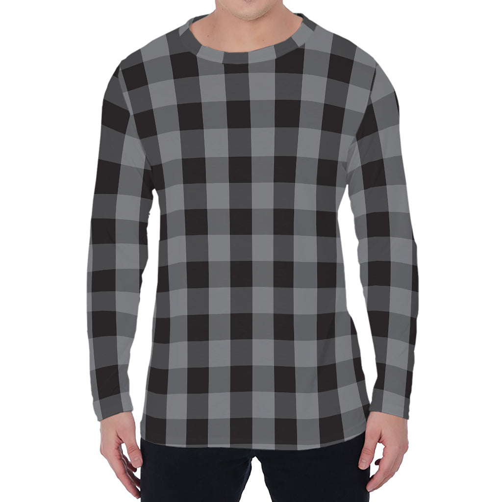 Grey And Black Check Pattern Print Men's Long Sleeve T-Shirt
