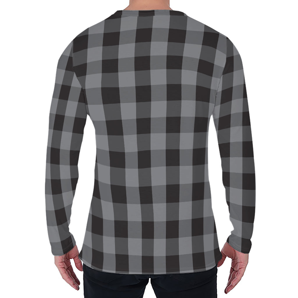 Grey And Black Check Pattern Print Men's Long Sleeve T-Shirt