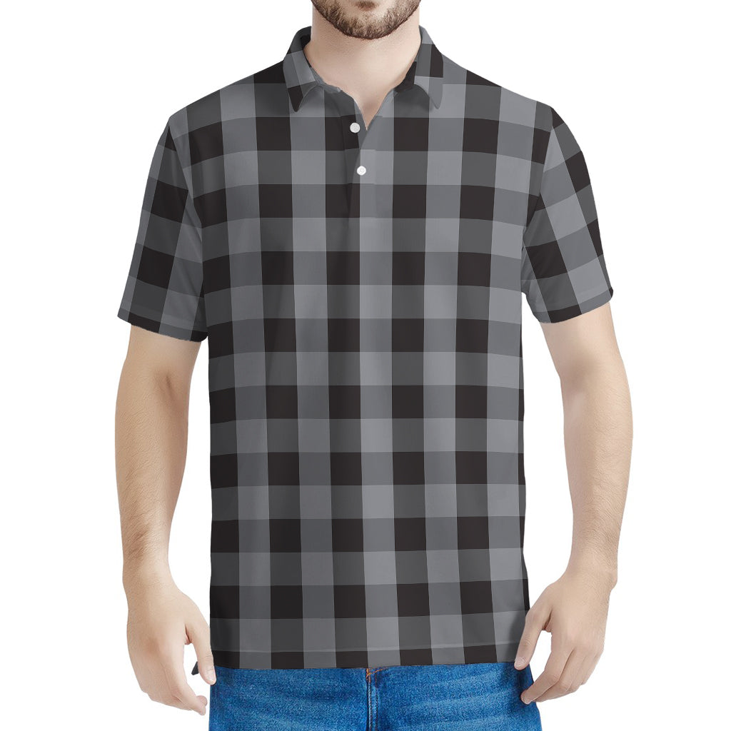 Grey And Black Check Pattern Print Men's Polo Shirt